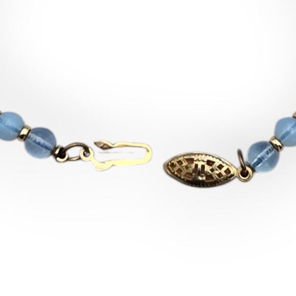 Mid-Century Blue Glass Bead Bracelet with Gold Accents Fishhook Clasp - Picture 6 of 9
